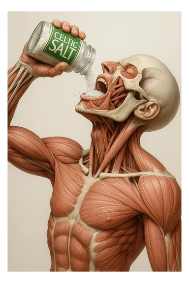 Create a vertical hyperrealistic 4K medical illustration exactly matching the style and composition of the reference image. The subject is an anatomically accurate human body holding a jar labeled 'CELTIC SALT', pouring salt into his mouth. The background should be neutral and clear. The image must be extremely detailed, vertical format, with the same pose and lighting as the reference. sticker