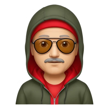 50-year-old man with slight stubble on upper lip, black aviator sunglasses, wearing a red hoodie with hood up sticker