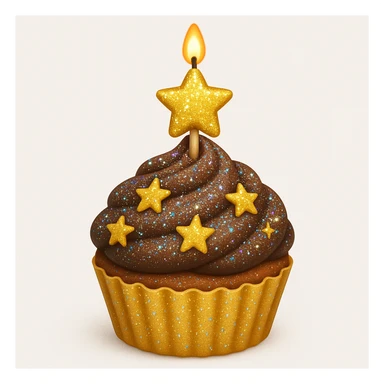 Add edible glitter and a star-shaped candle to the cupcake with brown (chocolate) frosting and gold stars in emoji style. sticker