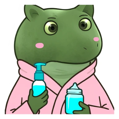 Mixed-race woman with caramel skin, black curly hair, wearing a pastel pink bathrobe, holding a skincare jar sticker