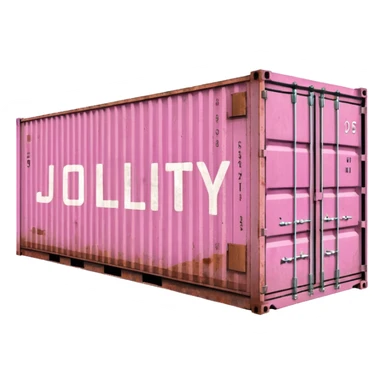 a pink shipping container with the word "Jollity" in big letters on the long side sticker