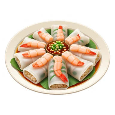 Shrimp rice noodle roll Har Cheung Fun with visible shrimp inside, simplified emoji style with bold outlines and bright colors, cartoon style Cantonese dim sum specialty sticker