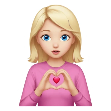 Realistic Blonde girl blue eyes, blowing kiss, pink shirt, making heart sign with hands sticker