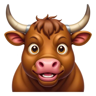 Cinematic Comical Domestic Bull Portrait Emoji, Head tilted dramatically with an exaggeratedly amused expression, featuring a striking, glossy coat with boldly defined horns and wide, expressive eyes brimming with playful disbelief, Simplified yet hilariously expressive features, highly detailed, glowing with a slightly sassy, earthy glow, high shine, dramatic yet playful, stylized with an air of cheeky rural mischief, soft glowing outline, capturing the essence of a spirited and over-the-top domestic bull that looks ready to charge its way into internet fame instantly! sticker