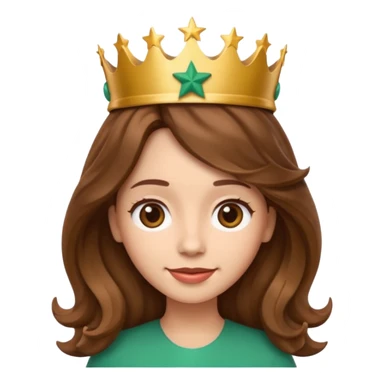 Apple style 3D emoji of a young woman inspired by the Starbucks logo. She has long wavy hair on both sides, a crown with a star on her head, and a soft smile. Smooth, shiny, simple emoji look. sticker