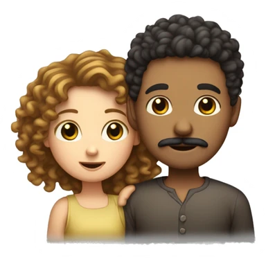 Curly hair white boy with a mustache and goatee hugging a girl with straight clack hair and a slightly darker skin color than him and a heart in the emoji sticker