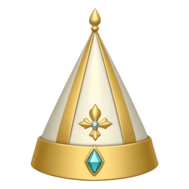 bishop mitre hat with pointed top, white and gold, gold embroidered band and vertical stripe with jewels, two ribbons at the back, simple and clear sticker