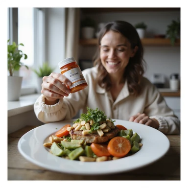 realistic image of a smiling person adding a dietary supplement on top of a well-prepared dish, concept of supplementation as added value, bright atmosphere, creative details, home environment sticker