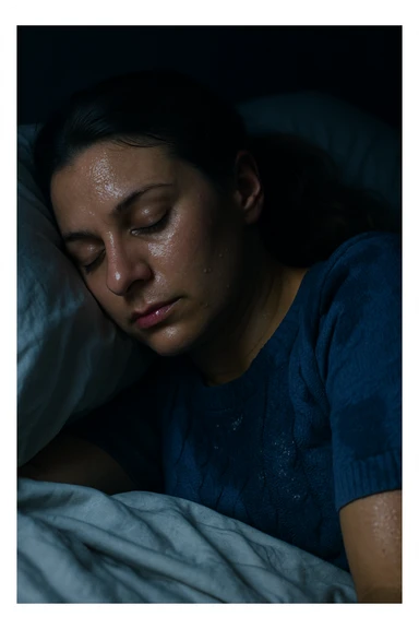 Realistic and cinematic vertical portrait of a woman sleeping at night, heavily sweating due to PCOS (polycystic ovary syndrome). The woman's face and features closely resemble the person in the reference photo. Nighttime atmosphere with realistic details including sweat-soaked sheets. Focus on hyper-realistic textures and lighting to convey the scene authentically. sticker