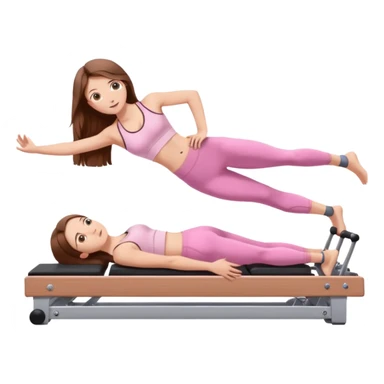 pretty white teen with hazel eyes and long brown hair and a small waist in light pink workout clothes in a plank on a pilates reformer sticker
