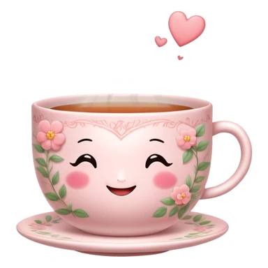 Cute Kawaii Tea Cup, steaming with warmth, a charming smiling face, soft pastel tones, delicate floral patterns, a tiny heart-shaped tea bag tag, cozy and inviting! sticker