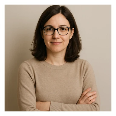 profesora de cabello castaño oscuro hasta los hombros con gafas, fondo simple sticker