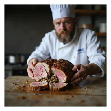 educational scene: chef in kitchen showing cooked pork steak cut to show parasites inside, serious expression, Italian text: 'Cottura non sempre sufficiente', 4K quality sticker