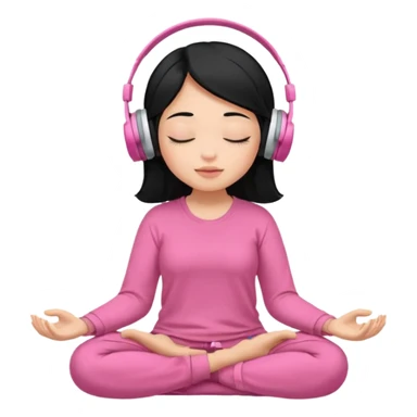 Chica de pelo negros con los ojos cerrados escuchando musica en audifonos y con camisa rosa mientras medita sticker