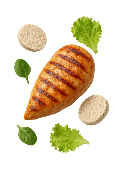 petto di pollo grigliato fluttua in aria insieme a gallette di riso e foglie di insalata, iperrealistico 4k sticker