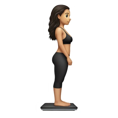 Side view of a brunette girl standing on a bathroom scale, looking down, wearing black leggings and a sports bra sticker