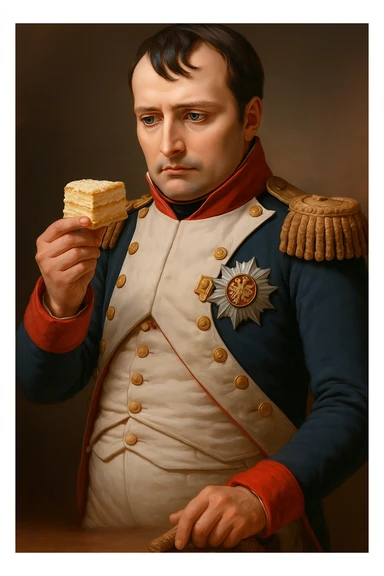Сгенерируй мне этого наполеона, который стоит с кусочком торта наполеон, и смотрит на него sticker