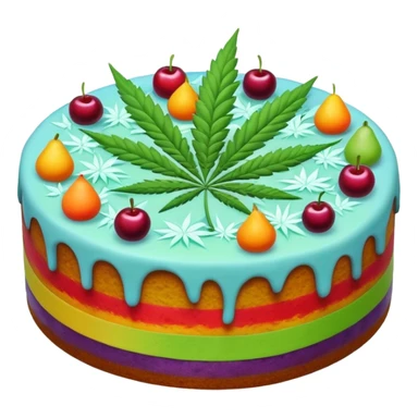 colorful frosted fruit cake with cannabis leaf sticker