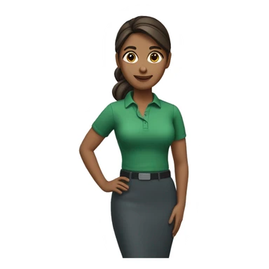 a teacher that teaches computer no glasses, really dark brown hair in a ponytail. medium skin tone not very light with a green shirt sticker