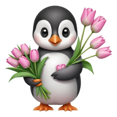 Cute baby penguin holding flower bouquet wraped in white paper and all flowers tulips in pink colour sticker
