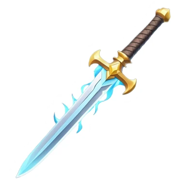 Clash of Clans aesthetic: Cinematic Playful 3D Isometric Sword Emoji, rendered in a 3D vector-style similar to standard emojis with minimal shading and bold, simplified shapes. A compact, distinct form with signature details, softly glowing with a fantasy RPG magic charm. Simplified yet unmistakably iconic, highly detailed and consistent, glowing with a soft radiance and high shine. Stylized with a touch of heroic grandeur and a soft glowing outline, capturing the essence of a beloved gaming relic with a friendly, playful manner! sticker