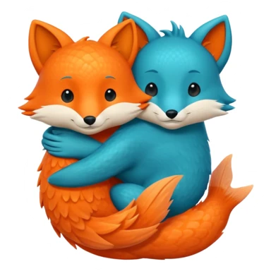 One orange fish and one teal blue fox, that are hugging or cuddling each other sticker