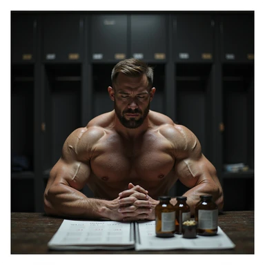 realistic muscular bodybuilder man with serious face, supplements and medical vials on table, calendar with all months of the year behind, very defined physique with visible veins, dark locker room or gym background with dramatic lighting, signs of fatigue sticker