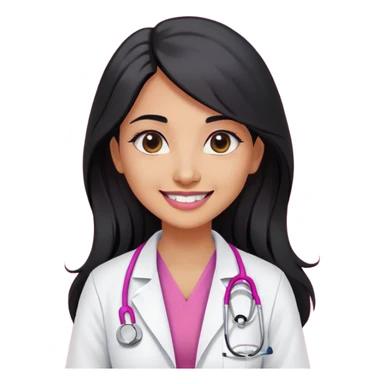 A indian female doctor with black long hair , doe eyes smiling without teeth , wearing white lab coat over dark pink scrubs and properly drawn stethoscope  sticker