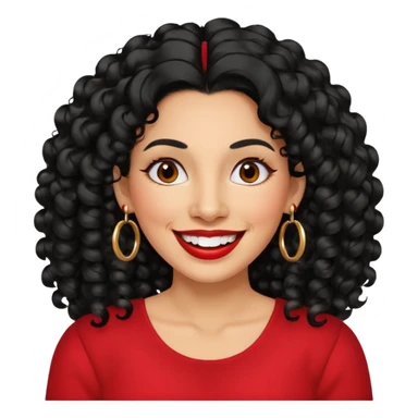 40 yr old peruvian woman, very curly long black hair, red lipstick, big smile, white teeth, brown eyes, hoop earings, hair parted at side sticker