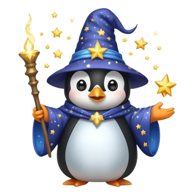 cute penguin wizard casting a sparkling spell wearing a starry robe and hat sticker
