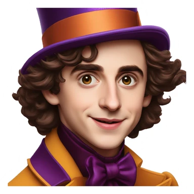 Timothée Chalamet as Willy Wonka, high cheek bones, large face, hat sticker