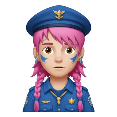 scout boy long hair face tatooes pink haired, wearing blue uniform with hat sticker