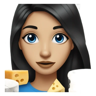 stunning blue eyed brunette girl with black hair surrounded by cheese sticker