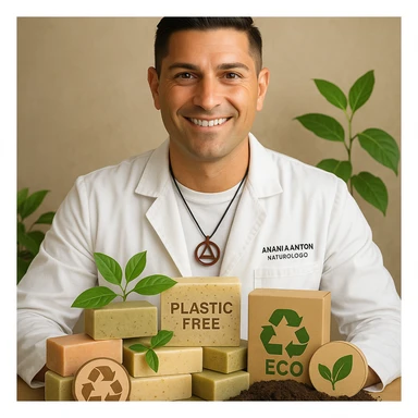 Create a realistic image of Antonio Anania with the appearance of the person in the reference photo. He is surrounded by natural soaps with visual elements that communicate their environmental benefits, such as eco-friendly symbols, leaves, and clean soil. The tone should be positive and natural, emphasizing that the soaps are plastic-free and good for the environment. sticker