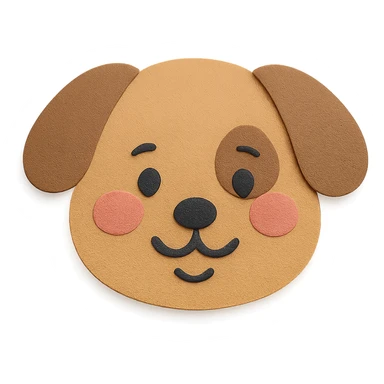 A shy smiling dog with blushing pink cheeks, paper craft style, transparent background. sticker