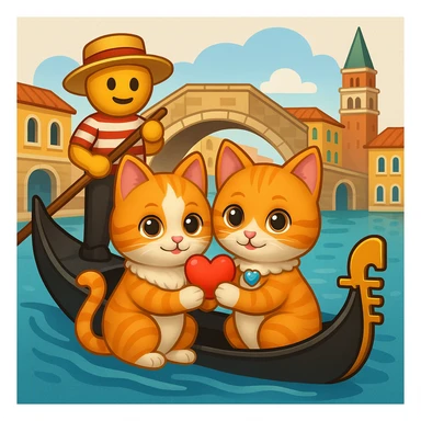 Add a gondola in Venice to the scene with the happy cat proposal. The original style is emoji style with a transparent background. Please keep the background transparent if possible and maintain the emoji style look. sticker
