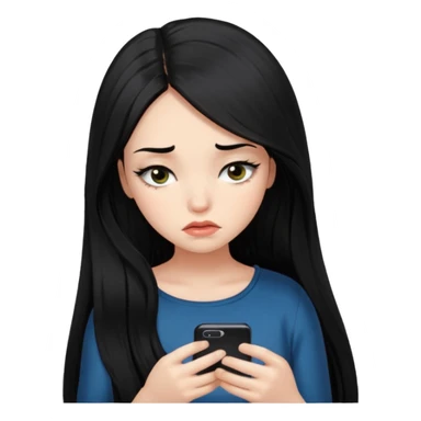 a girl with silk long black hair having fomo looking at her phone sad , she has long lashes  sticker