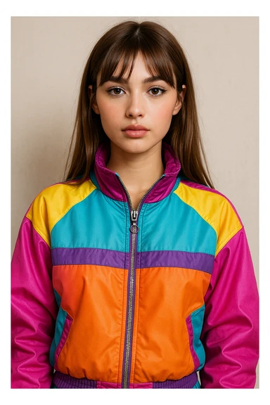 stylish girl, light fair skin, straight long light brown hair with curtain bangs, dark brown almond eyes, in a colorful Y2K jacket, detailed, trendy, realistic portrait sticker