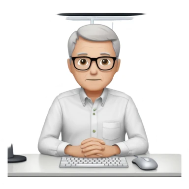 un uomo di circa 60 anni, capelli corti e brizzolati, occhiali con montatura nera, seduto ad una scrivania in un grande ufficio vuoto, tutto bianco, con il mobilio bianco, davanti a tre monitor ed un notebook, che lavora scrivendo software sticker