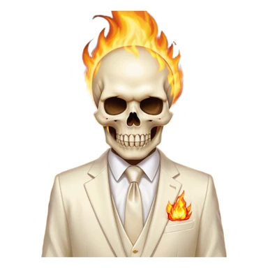 aesthetic shiny glowing divine lighting - Megadeth icon - a politician in an ivory ethereal suit wears a white tie, has a skull instead of a head, and instead of glasses, burns in fire sticker