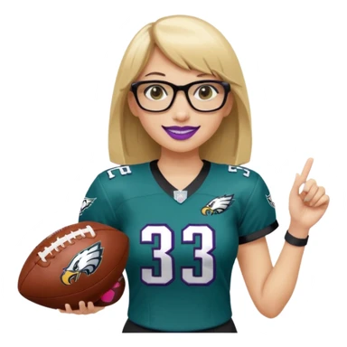 full length women wearing eagles uniform, medium blonde hair, straight across bangs, black glasses, holding football, number 33, smiling, purple lipstick sticker