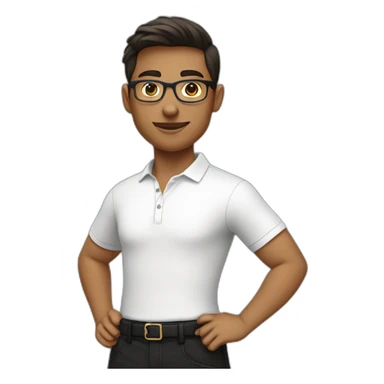 college student wearing white polo shirt and black pants with eyeglass sticker