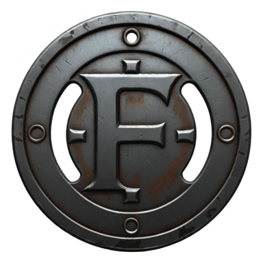 Minimal emoji, gothic metal coin made of black steel, engraved number f at the center, ancient industrial aesthetic, worn metal texture, no glow, no neon, flat emoji design, centered, transparent background sticker