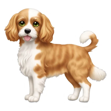 a blond apricot colored cavapoo dog standing next to a calico cat with a mix of black, orange, and white fur, green eyes sticker
