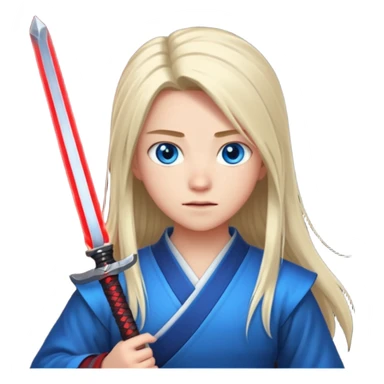 A 14 year old with red glowing katana and his hair be long and eye colour of blue with beautiful background sticker