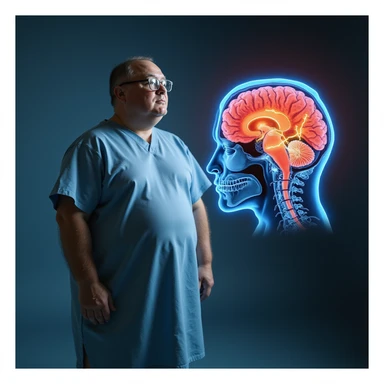 hyper-realistic medical CGI of an obese man in a hospital gown with a brain scan floating beside him showing inflamed hippocampus in red, shrunken prefrontal cortex, yellow lightning for glucose spikes, black amyloid plaques, constricted blood vessels, 4K clinical sticker
