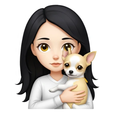 Fair skin girl - long black hair - white clothes - hugging a black, yellow and white Chihuahua sticker