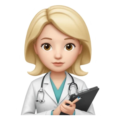 3D memoji female doctor holding clipboard and pen, slightly strict but kind facial expression, educational vibe, white medical coat, isolated PNG sticker