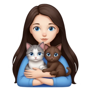 a pretty girl with long dark 
brown hair, with blue eyes, hugs 3 different natural coloured small cats sticker