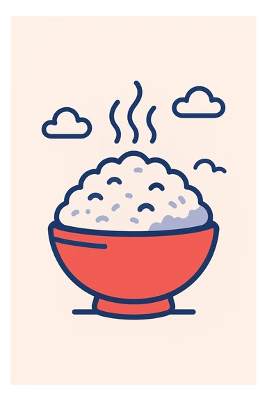 simple cartoon red bowl of rice with steam, flat design, minimal details sticker